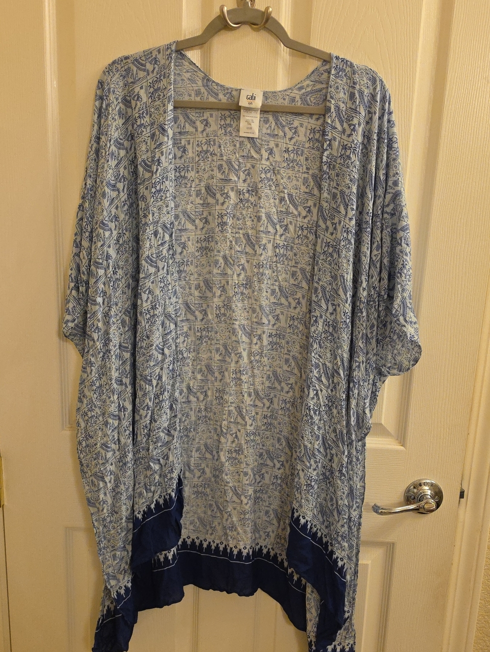 CAbi Blue White Printed Kimono Open Front Cardigan OS